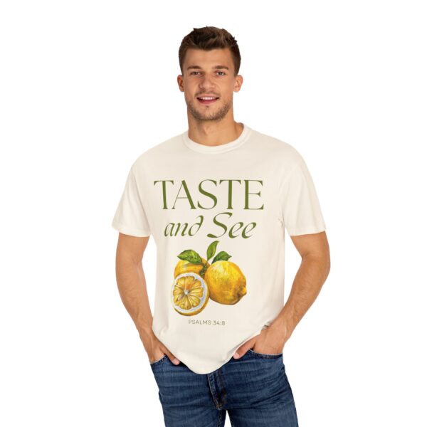 Christian Lemon T-Shirt – Taste and See Psalm 34:8 – Amalfi Coast Summer Tee – Bible Verse Shirt for Women & Men – Garment-Dyed Unisex Tee - Citrus-Inspired Unisex T-Shirt, Nature Lovers Gift, Summer Vibes Tee, Taste and See Apparel - Image 3