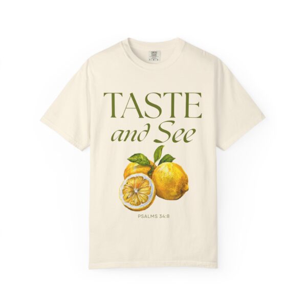 Christian Lemon T-Shirt – Taste and See Psalm 34:8 – Amalfi Coast Summer Tee – Bible Verse Shirt for Women & Men – Garment-Dyed Unisex Tee - Citrus-Inspired Unisex T-Shirt, Nature Lovers Gift, Summer Vibes Tee, Taste and See Apparel - Image 2