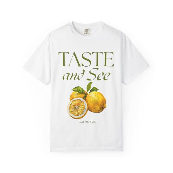Christian Lemon T-Shirt – Taste and See Psalm 34:8 – Amalfi Coast Summer Tee – Bible Verse Shirt for Women & Men – Garment-Dyed Unisex Tee - Citrus-Inspired Unisex T-Shirt, Nature Lovers Gift, Summer Vibes Tee, Taste and See Apparel